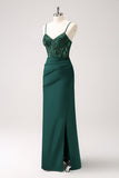 Dark Green Sheath Spaghetti Straps Satin Long Bridesmaid Dress with Slit