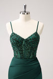 Dark Green Sheath Spaghetti Straps Satin Long Bridesmaid Dress with Slit