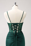Dark Green Sheath Spaghetti Straps Satin Long Bridesmaid Dress with Slit