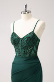 Dark Green Sheath Spaghetti Straps Satin Long Bridesmaid Dress with Slit