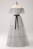 White Black Off-the-Shoulder A-Line Dot Prom Dress
