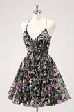 Sparkly A Line Floral Little Black Dress with Sequins