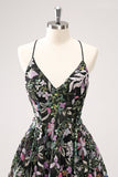 Sparkly A Line Floral Little Black Dress with Sequins