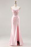 Strapless Corset Appliqued Mermaid Pink Prom Dress