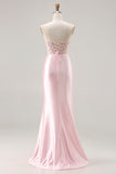 Strapless Corset Appliqued Mermaid Pink Prom Dress
