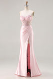 Strapless Corset Appliqued Mermaid Pink Prom Dress