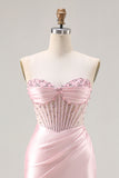 Strapless Corset Appliqued Mermaid Pink Prom Dress
