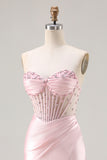Strapless Corset Appliqued Mermaid Pink Prom Dress