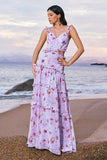 Grey Purple A-Line Cut Out Rose Print Long Bridesmaid Dress with Ruffles