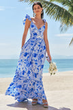 Blue A-Line V Neck Ruched Floral Long Bridesmaid Dress