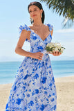 Blue A-Line V Neck Ruched Floral Long Bridesmaid Dress