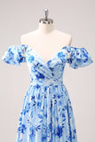 Blue Floral A Line Off The Shoulder Maxi Dress