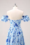 Blue Floral A Line Off The Shoulder Maxi Dress