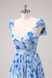 Blue Floral A Line Off The Shoulder Maxi Dress