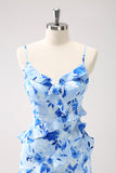 Blue Flower Sheath Spaghetti Straps Ruffled Maxi Dress with Slit