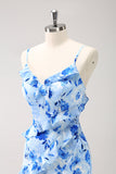 Blue Flower Sheath Spaghetti Straps Ruffled Maxi Dress with Slit