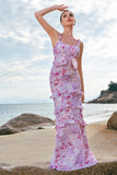Stylish Grey Purple Sheath Ruched Print Floral Bridesmaid Dress with Ruffles