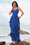Dark Blue A-Line Spaghetti Straps Floor Length Bridesmaid Dress with Ruffles