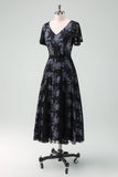 Black V-neck Short Sleeves Lace A-Line Mum of Bride Dress