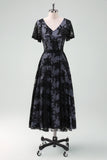 Black V-neck Short Sleeves Lace A-Line Mum of Bride Dress