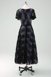 Black V-neck Short Sleeves Lace A-Line Mum of Bride Dress