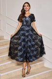 Black V-neck Short Sleeves Lace A-Line Mum of Bride Dress