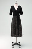 Sparkly A-Line Sequin Little Black Dress with Half Sleeves