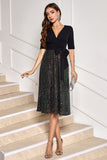 Sparkly A-Line Sequin Little Black Dress with Half Sleeves