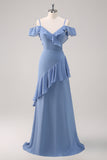 Grey Blue Cold Shoulder A-Line Chiffon Long Bridesmaid Dress with Ruffles