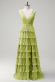 Dusty Sage A Line V-Neck Pleated Tiered Backless Long Bridesmaid Dress with Slit