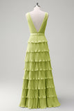 Dusty Sage A Line V-Neck Pleated Tiered Open Back Long Bridesmaid Dress with Slit