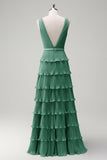 Dusty Sage A Line V-Neck Pleated Tiered Backless Long Bridesmaid Dress with Slit