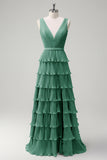Dusty Sage A Line V-Neck Pleated Tiered Backless Long Bridesmaid Dress with Slit