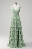 Dusty Sage A Line V-Neck Pleated Tiered Backless Long Bridesmaid Dress with Slit
