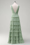 Dusty Sage A Line V-Neck Pleated Tiered Backless Long Bridesmaid Dress with Slit