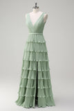 Dusty Sage A Line V-Neck Pleated Tiered Backless Long Bridesmaid Dress with Slit