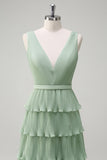 Dusty Sage A Line V-Neck Pleated Tiered Backless Long Bridesmaid Dress with Slit