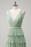 Dusty Sage A Line V-Neck Pleated Tiered Backless Long Bridesmaid Dress with Slit