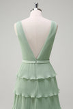 Dusty Sage A Line V-Neck Pleated Tiered Backless Long Bridesmaid Dress with Slit