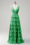 Dusty Sage A Line V-Neck Pleated Tiered Backless Long Bridesmaid Dress with Slit