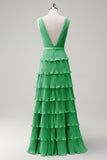 Dusty Sage A Line V-Neck Pleated Tiered Backless Long Bridesmaid Dress with Slit