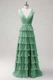 Dusty Sage A Line V-Neck Pleated Tiered Backless Long Bridesmaid Dress with Slit