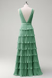 Dusty Sage A Line V-Neck Pleated Tiered Backless Long Bridesmaid Dress with Slit