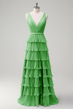 Dusty Sage A Line V-Neck Pleated Tiered Backless Long Bridesmaid Dress with Slit