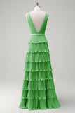 Dusty Sage A Line V-Neck Pleated Tiered Backless Long Bridesmaid Dress with Slit