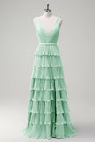 Dusty Sage A Line V-Neck Pleated Tiered Backless Long Bridesmaid Dress with Slit