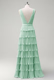 Dusty Sage A Line V-Neck Pleated Tiered Backless Long Bridesmaid Dress with Slit