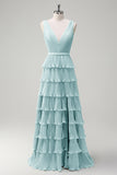 Dusty Sage A Line V-Neck Pleated Tiered Backless Long Bridesmaid Dress with Slit