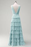 Dusty Sage A Line V-Neck Pleated Tiered Open Back Long Bridesmaid Dress with Slit
