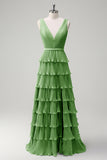 Dusty Sage A Line V-Neck Pleated Tiered Backless Long Bridesmaid Dress with Slit
